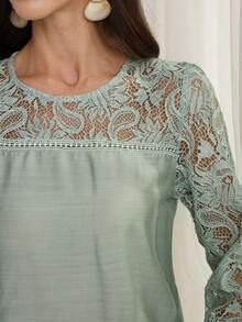 Lacomfia New French Retro Long Sleeve Lace Patchwork Hollow Out Blouse & Pants Set, Misty Blue - Green - View 7