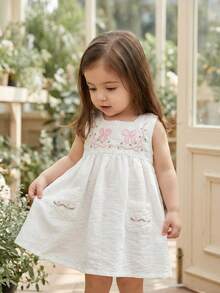 Vintaside Kids Baby Girl Summer Bow Embroidery Sleeveless Square Neck White Dress