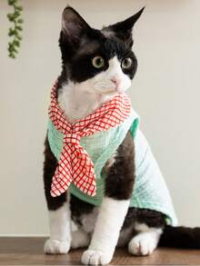 PETSIN 轻盈透气格子领结背心，带有可爱的 LAZYCAT 和 Kitty 印花，适合宠物狗，春夏季 - 彩色 - 查看 2