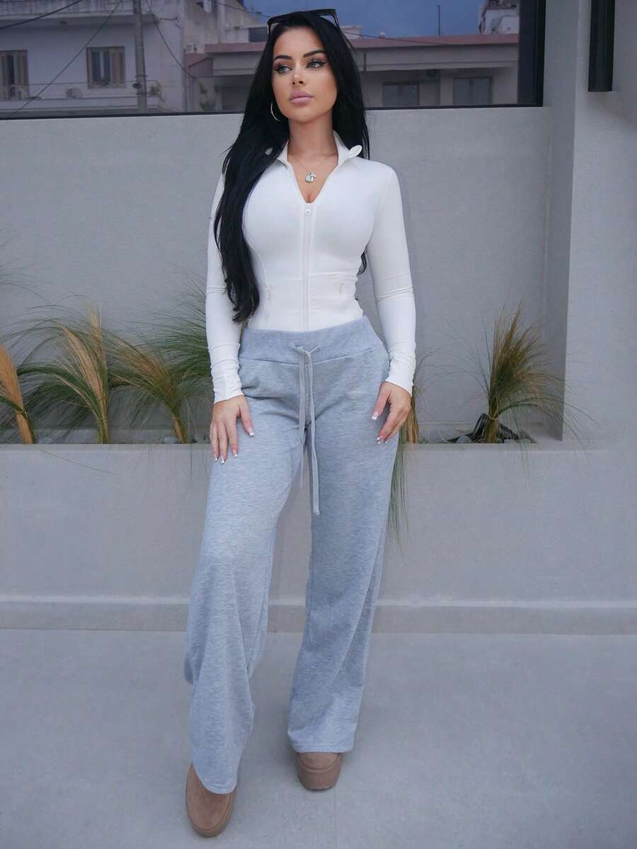 Vassilux 舒适休闲纯色针织低腰阔腿女式运动裤 - 灰色 - 查看 1