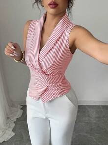 Elenzga 无袖V领系腰蝴蝶结优雅迷人女式衬衫 - 紅色 - 查看 3