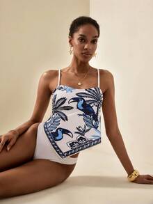 Écloséra Women's Tropical Random Print Detachable Strap Casual Low Neck Bandeau Bikini Top - Multicolor - View 5