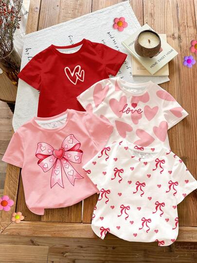 SHEIN 4 piezas Camisetas básicas de manga corta y cuello redondo, estilo casual y minimalista con diseño de corazón dulce y lindo para niñas, adecuadas para uso diario en primavera/verano, Día de San Valentín, vacaciones - Blanco crema, Rosa crema, Rosa mármol tostado, Rojo vino