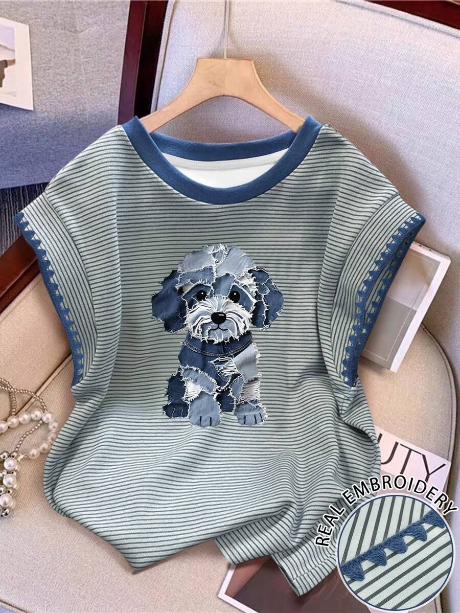 Resyla Y2K 俏皮可爱“拼布小狗”条纹短袖T恤，撞色领口，清新青春T恤 - 綠色 - 查看 1