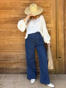 SHEIN Pregnant Women's Casual Everyday Loose Fit Pocket Denim Wide Leg Pants Spring To Summer Valentine's Day Carnival Costume Commuting Vacation Graduation Chic Y2k Cute Streetwear Party Wedding Elegant Business Casual Woman Women Wide Leg Jeans Pull On Elastic Waist Denim Pants With Pockets - Blue - View 4