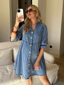 SHEIN Maternity Casual Washed Front Button Notched Neck Denim Dress Spring To Summer Valentine's Day Carnival Costume Commuting Vacation Graduation Chic Y2k Cute Streetwear Coquette Party Wedding Elegant Business Casual Woman Chic Women's Denim Swing Dress V Neck Button Front Maternity Style With 3 4 Gathered Sleeves - Blue - View 4