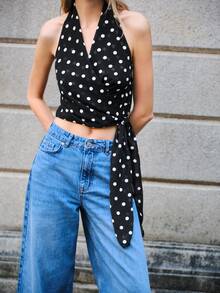 Lumivelle 女士优雅通勤休闲无袖透视波点吊带衫，春夏款 - 黑色 - 查看 7