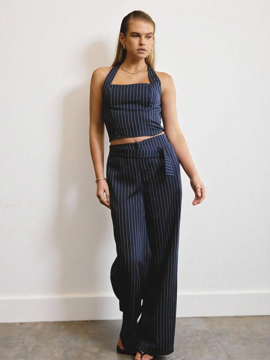 Aralina Women's Elegant Halterneck Stripe Top With Matching Stripe Pants Set Perfect For Christmas Party New Years And Thanksgiving Outfits - Navy Blue - View 1