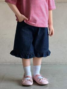 DAZY Toddler Girls' Ruffle Trim Washed Casual Denim Shorts - Dark Wash - View 4