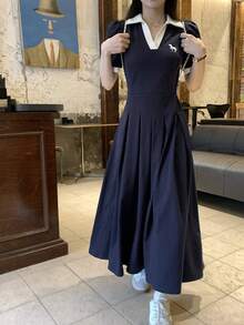 DAZY 女士休闲刺绣撞色Polo领中长连衣裙，夏季婚礼宾客礼服/吊带裙 - 藏蓝色 - 查看 8