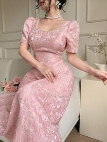 DAZY Đầm maxi nữ thanh lịch cổ vuông tay phồng đính hoa và ngọc trai giả, thích hợp cho dự tiệc cưới mùa hè. - Hồng - Xem 1