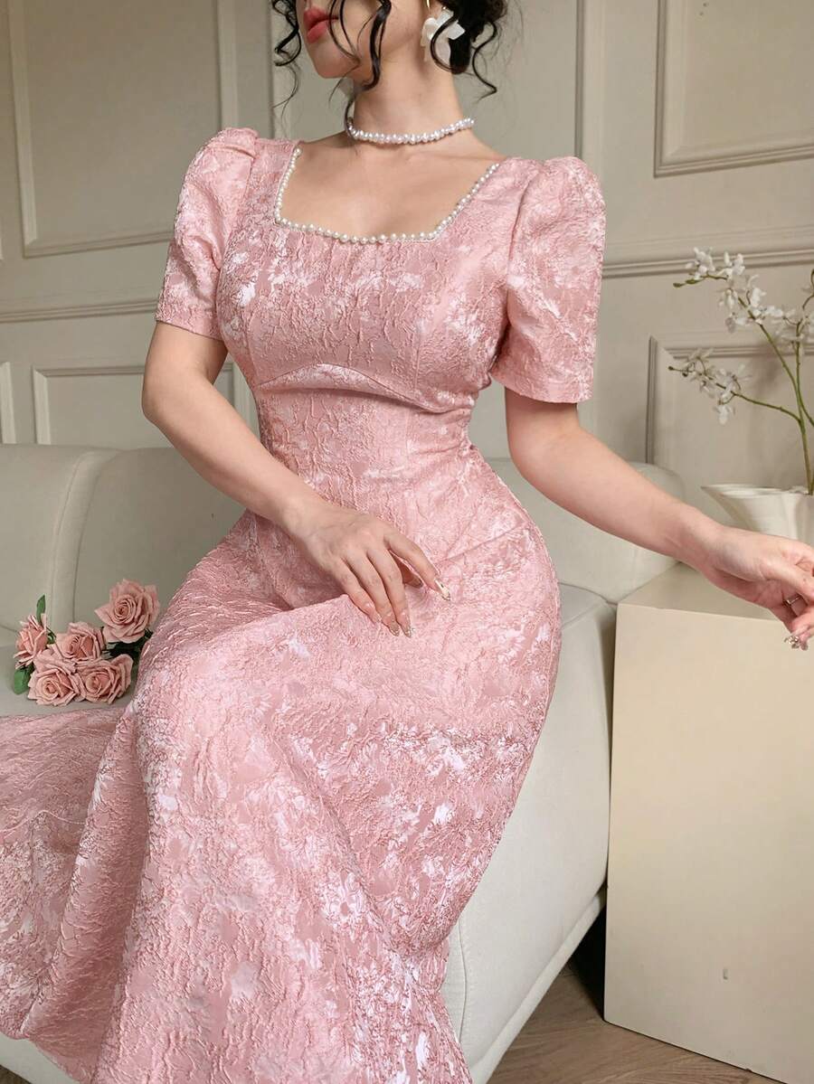 DAZY Đầm maxi nữ thanh lịch cổ vuông tay phồng đính hoa và ngọc trai giả, thích hợp cho dự tiệc cưới mùa hè. - Hồng - Xem 1