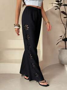 SHEIN Tall 女士度假休闲纯色镂空长裤 冬季黑色 - 黑色 - 查看 10