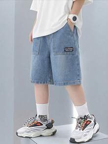 SHEIN Young Boys New Casual Soft Simple Basic Blue Pocket Patch Denim Long Jeans Shorts Bermuda Spring Summer,For Kids Spring/Summer Dailywear Outfits,Boys Streetwear Outfits,Boys Beach Outfit,Birthday Outfits For Boys,Casual Jeans For Boys,Vacation Outfits For  Boys,Graphic Jeans,Toddler Jeans,4-Year-Old Boys Jeans,Summer Jeans Shorts