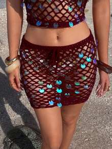 Opulessa Minigonna elegante lavorata a maglia con paillettes e rete, adatta per vacanze al mare, casual, vacanze estive, vacanze per donne, elegante, uscite, feste, spiaggia per donne, vacanze estive, carnevale - Bordò - Visualizzare 5