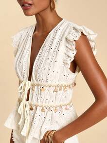 Travachic Top tricoté col V blanc bohème pour femmes, détail coquillage perle, manches avion, vacances d'été, élégant, vacances à la plage, tops décontractés pour fête bohème - Nude - Voir 7