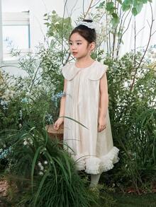 DAZY Young Girl' Korean Style Solid Color Peter Pan Collar Mesh Patchwork Sleeveless Dress - Apricot - View 1