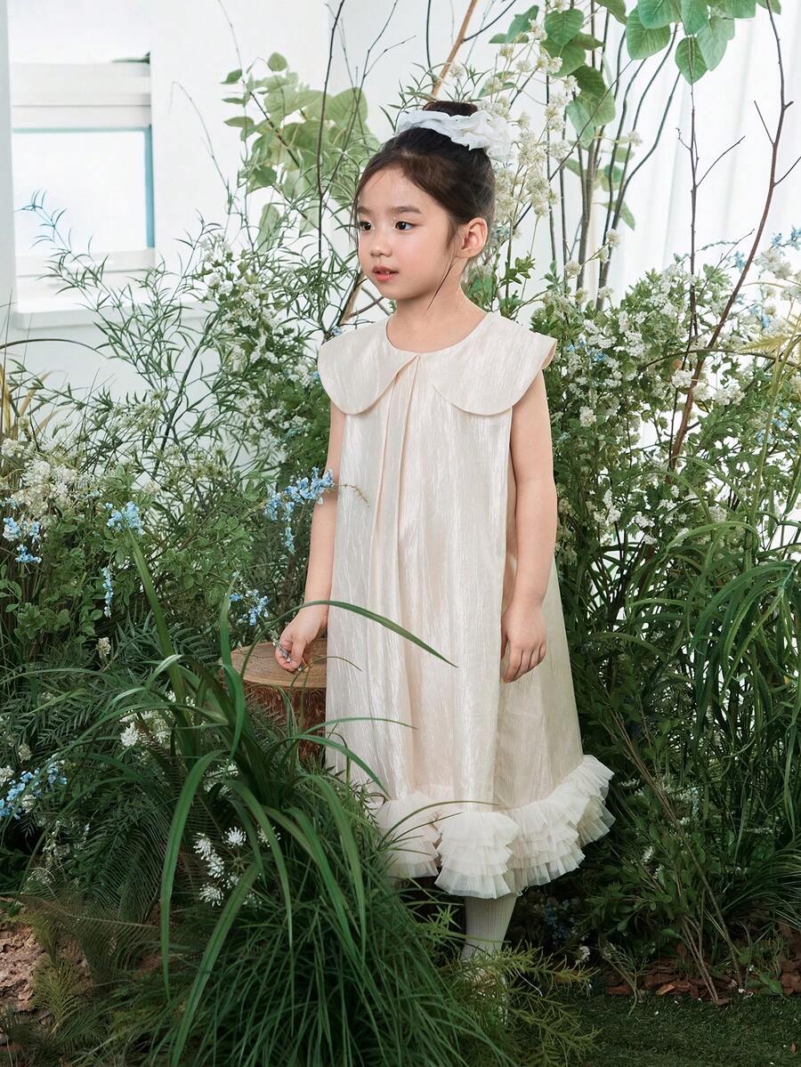 DAZY Young Girl' Korean Style Solid Color Peter Pan Collar Mesh Patchwork Sleeveless Dress - Apricot - View 1