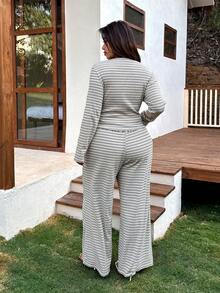 SHEIN EZwear 大码条纹上衣和裤子两件套，适合春秋季休闲穿着 - 彩色 - 查看 2