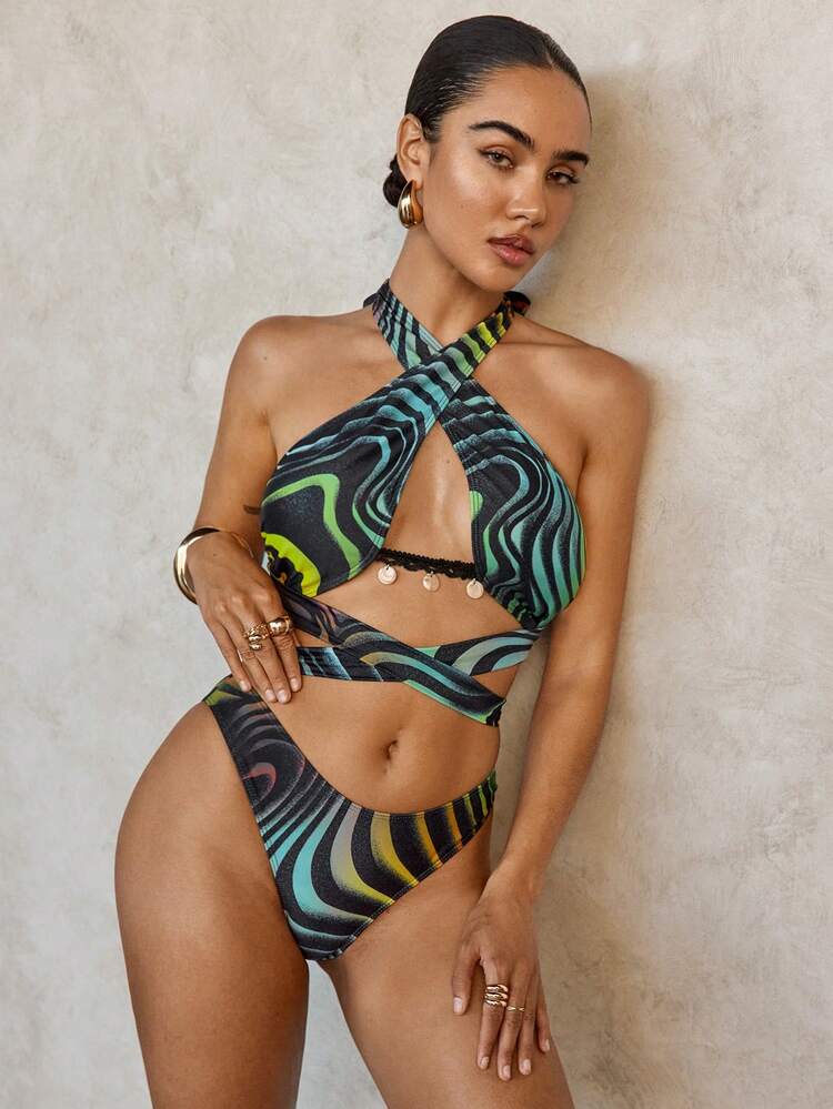 SHEIN Swim Basics Women's Extremely Sexy Ombre Animal Print Wrap Bikini Set - Multicolor - View 1