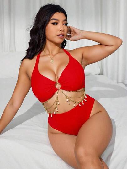 Swim SXY مجموعة بكيني بسلاسل دائرية لحجم كبير للنساء للعطلات على الشاطئ