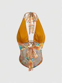 ROMWE Y2K Retro Sexy Draped Neck Rhinestone Embellished Pink Camisole For Women - Orange - View 2