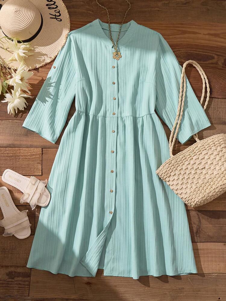 Plus Size Women's Solid Color Single-Breasted Casual Loose Dress For Summer/ Vacation  Summer Dress  Summer Outfits Summer Clothes Spring Dress Spring Outfit Women Spring Clothing Country Style For Women Country Dress For Women Summer Dress With Sleeve Modest Summer Dress Picnic Dress For Woman Cottagecore Dress