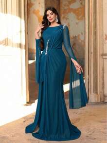 Aureia 大码优雅浪漫朦胧蓝圆领雪纺泡泡袖针织水钻装饰鱼尾拖尾连衣裙，适合婚礼、派对、庆典、正式晚礼服（精致设计） - 霧霾藍 - 查看 8