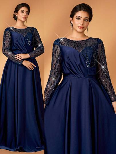 Serin Plus-Size Elegant, Luxurious Deep Blue Sequined Embroidered Patchwork Round Neck Irregular Panel Patchwork Long Sleeves Pleated A-Line Hem Suitable For Dinner Parties, Dances, Vacations, Weddings, Music Festivals Bride's Mother's Dresses And Guest Dresses