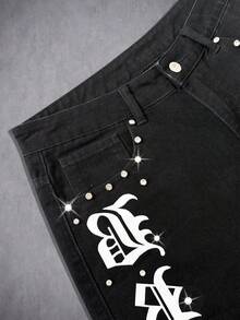 Manfinity Denimwave Quần short denim nam phong cách đường phố Mỹ, đính đá và in họa tiết Gothic. - màu đen - Xem 4