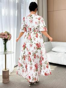 Modelyn Plus Size Women Lace Floral Print Ruffle Sleeve Elegant Midi Dress - Multicolor - View 8