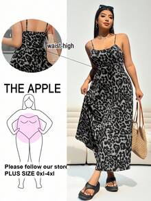 Solflare Plus Size Leopard Print Backless Dress With Adjustable Spaghetti Straps And Hidden Zipper For Summer Holiday Vacation - Grey - View 1