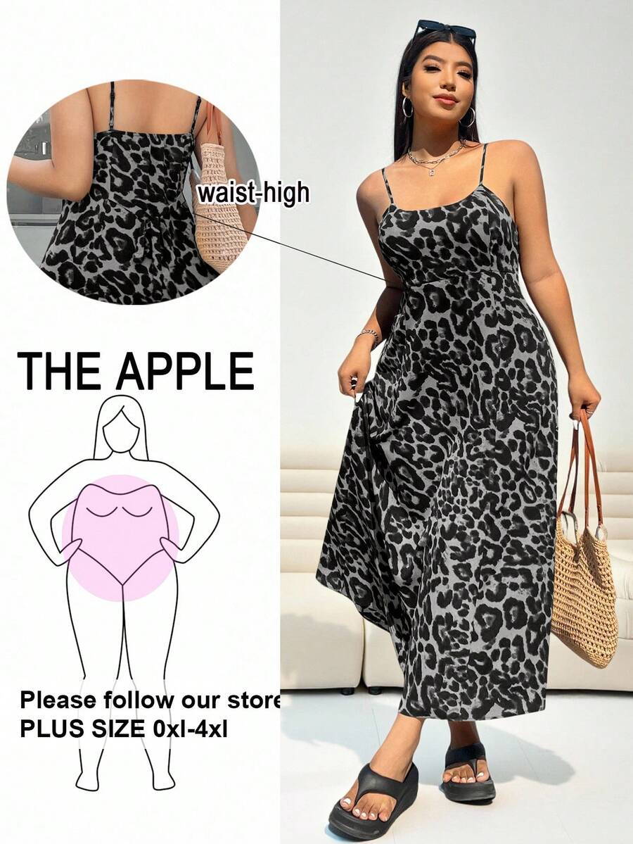 Solflare Plus Size Leopard Print Backless Dress With Adjustable Spaghetti Straps And Hidden Zipper For Summer Holiday Vacation - Grey - View 1