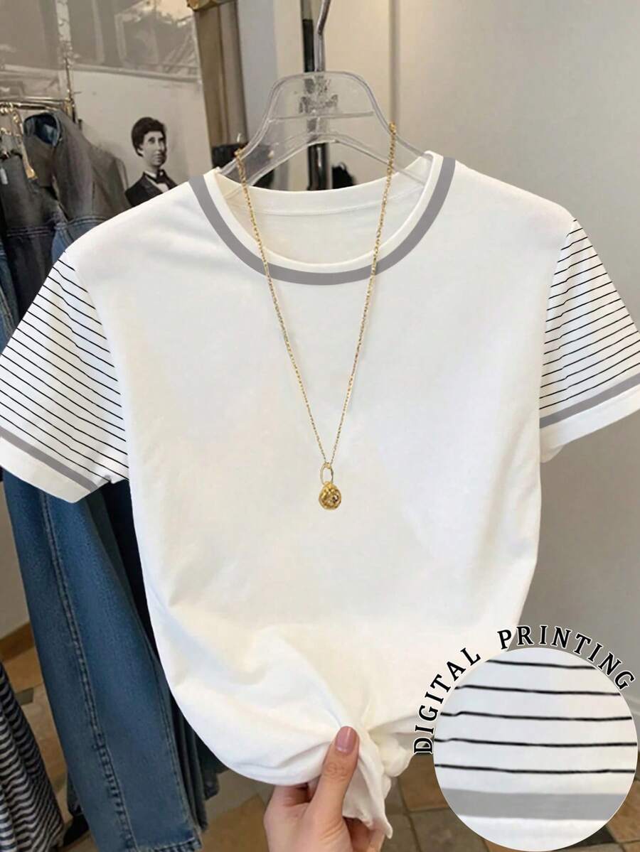 SHEIN Women's Casual Striped Print Short Sleeve T-Shirt, Suitable For Daily Commute In Summer - White - View 1