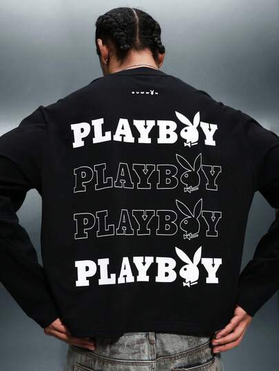 PLAYBOY X SUMWON Logo Long Sleeve Crew Neck Tee With Repeating Back Print Graphic Design Cotton Casual Streetwear