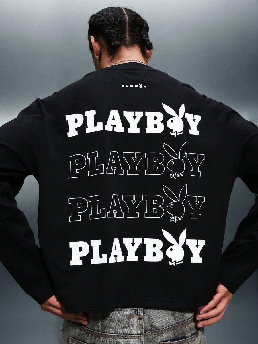 PLAYBOY X SUMWON 带有重复背面印花图案的Logo长袖圆领T恤，纯棉休闲街头风 - 黑色 - 查看 1