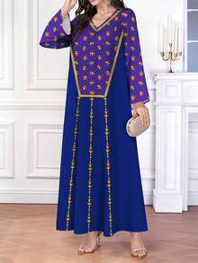 Al Najma 女士V领印花撞色优雅长袖阿拉伯连衣裙 - 紫色 - 查看 3