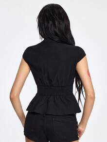 ROMWE Grunge Punk Punk Style Metal Buckle Deep V-Neck Fitted Women Shirt - Black - View 7