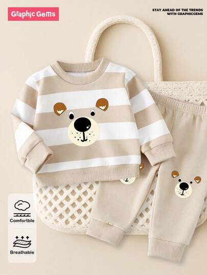 GraphicGems 2pcs/Set Baby Boy Casual Fashionable Outfit, Includes Striped Bear Graphic Sweatshirt And Matching Sweatpants, Comfortable And Suitable For Autumn/Winter/Spring