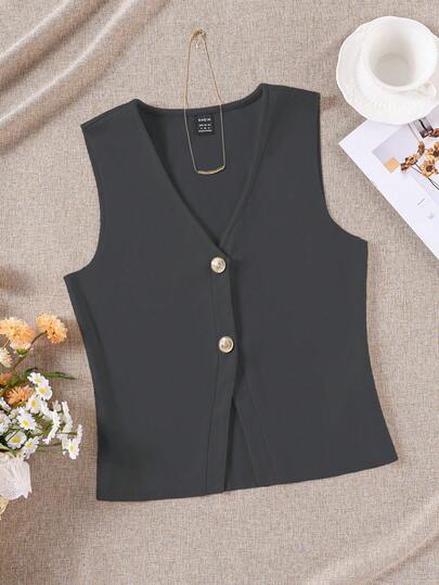 SHEIN EZwear Casual Solid Color Knit V-Neck Sleeveless Fitted Women Vest