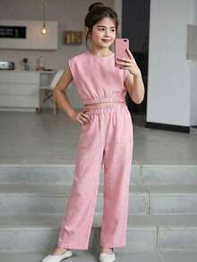 Elladie kids 两件套女童休闲套装，圆领蝙蝠袖衬衫搭配带口袋的松紧腰直筒裤，亚麻质感面料，适合日常穿着。 - 玫紅色 - 查看 3