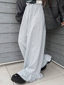 FRIFUL Women's Elastic Waist Layered Ruffle Hem Maxi Pants - Grey - View 4