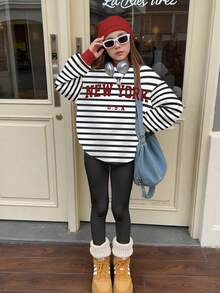 SHEIN Leap Crew 少女多巴胺条纹休闲简约“NEW YORK”字母宽松圆领舒适长袖卫衣，适合秋冬季节，秋季外出穿着，轻松舒适，秋季叠穿，时尚休闲，图案卫衣，返校季，返校节，年轻长袖上衣，美学学院风，12 Y2k - 彩色 - 查看 4