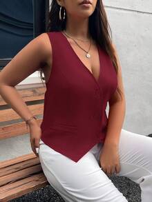 SHEIN Privé 大码女士优雅通勤高街网眼背心西装外套，适合正式场合，大码无袖背心西装外套，大码女式办公室服装背心，大码背心上衣，酒红色背心，适合曲线身材的女士背心，大码女式背心 - 酒紅色 - 查看 13
