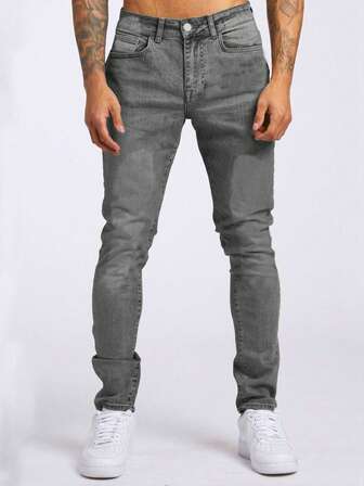 Street Life Jeans ajustados de hombre con bolsillos sesgados y plisados de unicolor