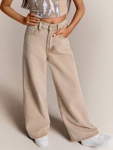 Radiana Quần jean denim dáng rộng, họa tiết ngôi sao Y2K, quần dài thanh lịch, quần ống rộng đơn giản, đa năng, trang phục thu đông cho bé gái tuổi mới lớn, trang phục dạo phố trở lại trường, thoải mái và đa năng, dành cho bé gái từ 8-12 tuổi, thích hợp cho bé đi học, ở nhà và du lịch - Màu Khaki - Xem 6