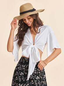 Coeurva Solid Tie Front Crop One Piece Spring White Blouse - White - View 4