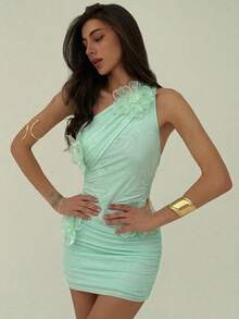 Aloruh Robe d'été courte pour femme, robe ajustée en maille de couleur vert jade macaron élégante avec décoration florale 3D faite à la main. Convient pour les vacances à la plage, le style bohème, les festivals de musique, les anniversaires, le thé de l'après-midi - Vert menthe - Voir 7