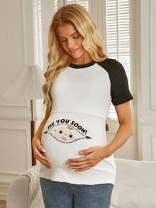 SHEIN Contrast Color Casual Comfortable Printed Nursing Maternity T-Shirt - Black and White - View 6