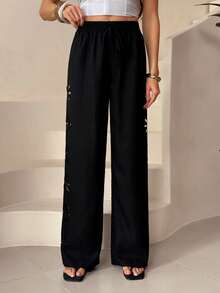 SHEIN Tall 女士度假休闲纯色镂空长裤 冬季黑色 - 黑色 - 查看 11